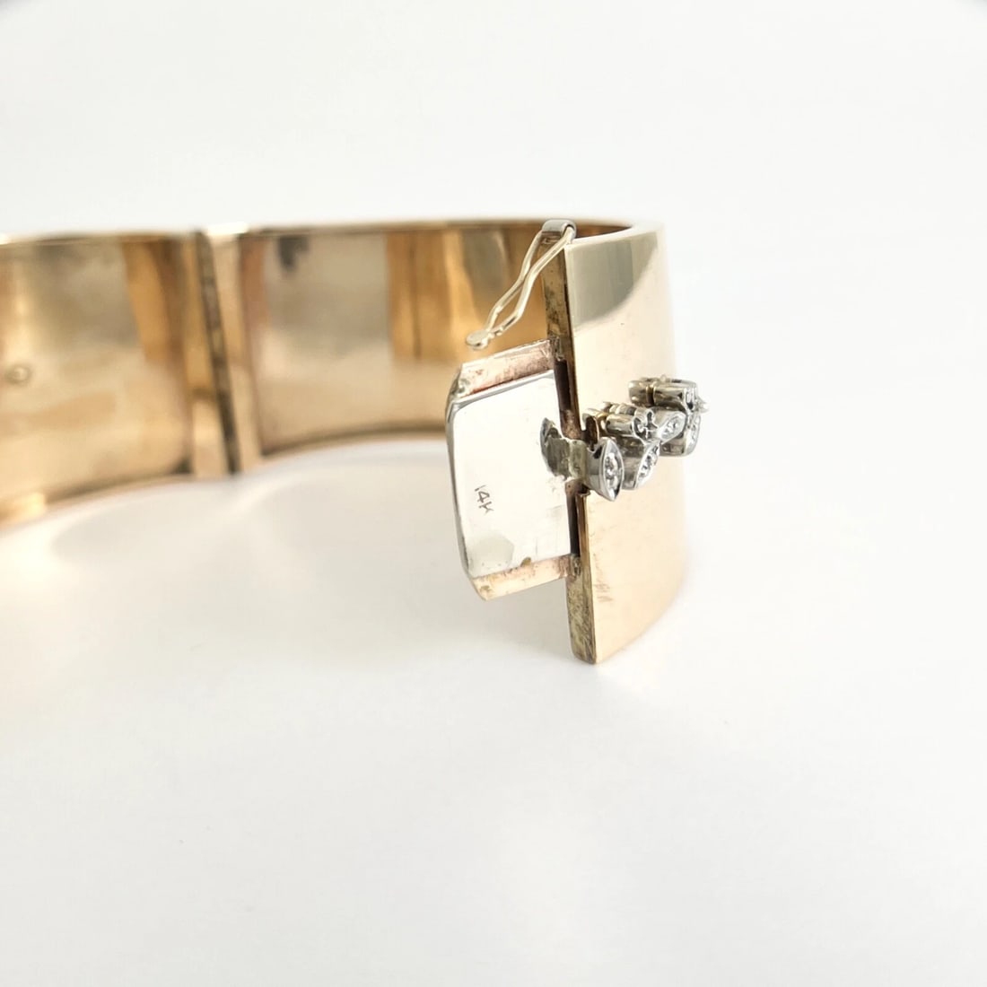 Vintage Elgin 1950's Wide Bangle Diamond Ruby Watch 14K Yellow Gold, 72.54 Grams - 11