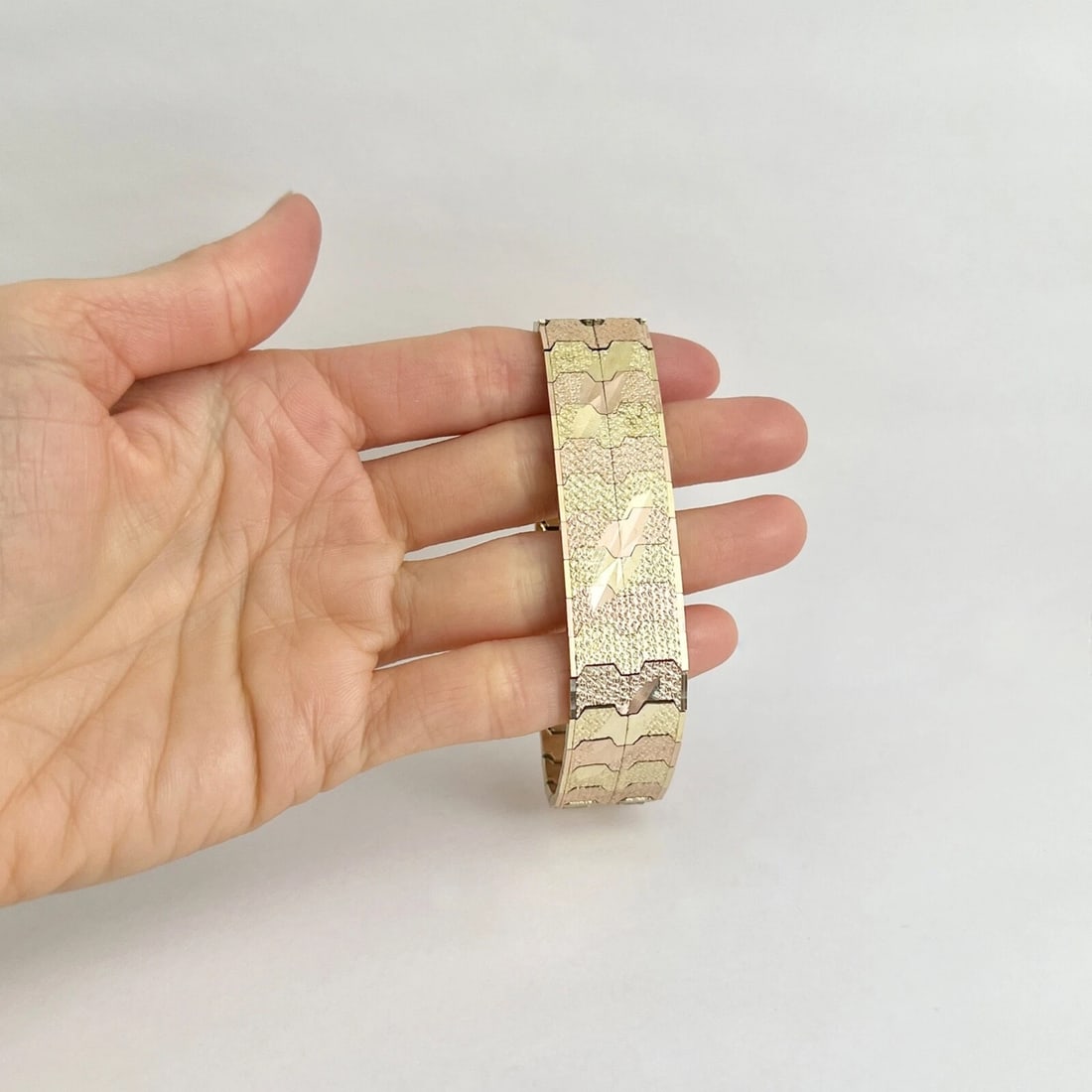 Vintage 1950's Wide Two-Tone Flat Link Bracelet 14K Rose Yellow Gold, 36.76 Gram - 2