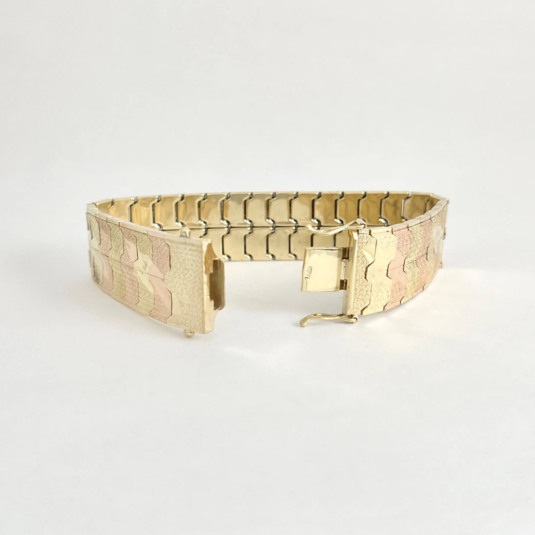 Vintage 1950's Wide Two-Tone Flat Link Bracelet 14K Rose Yellow Gold, 36.76 Gram - 7