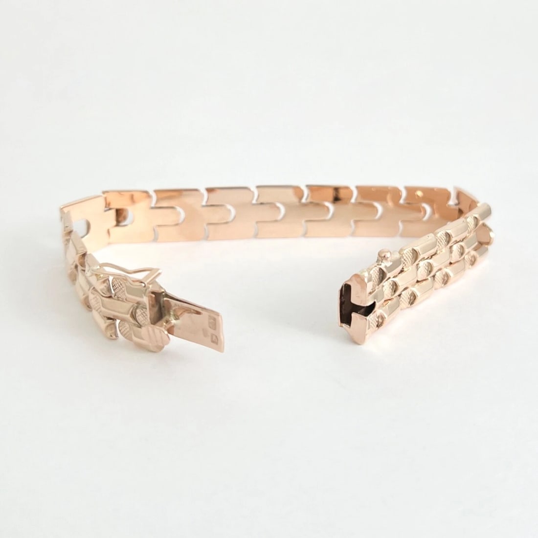 Vintage 1940's 1950's Retro Flat Link Bracelet 14K Rose Gold, 16.84 Grams - 9