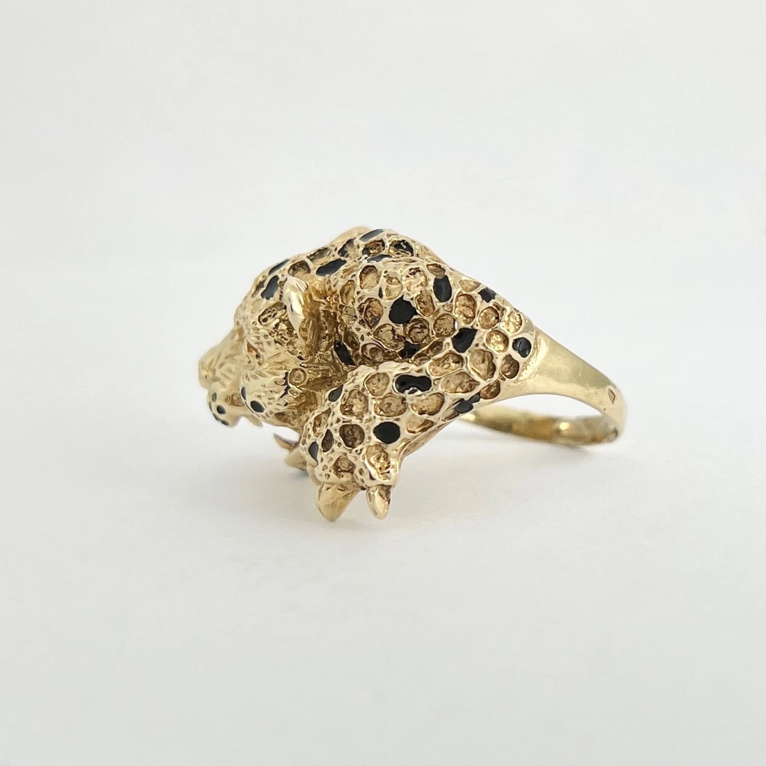 Vintage 1950's Black Enamel Leopard Cheetah Jaguar Ring 12K Yellow Gold 11.25 Gr - 9