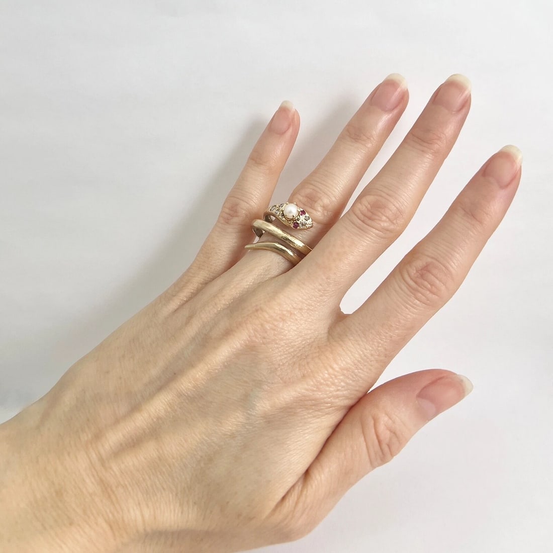 Antique Art Nouveau Snake Pearl Diamond Cocktail Ring 14K Yellow Gold, 7.01 Gr - 3