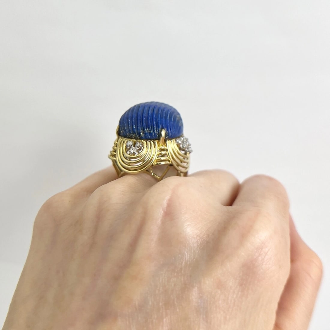 Vintage 1960's Blue Lapis Lazuli Diamond Cocktail Ring 14K Yellow Gold, 22.93 Gr - 5