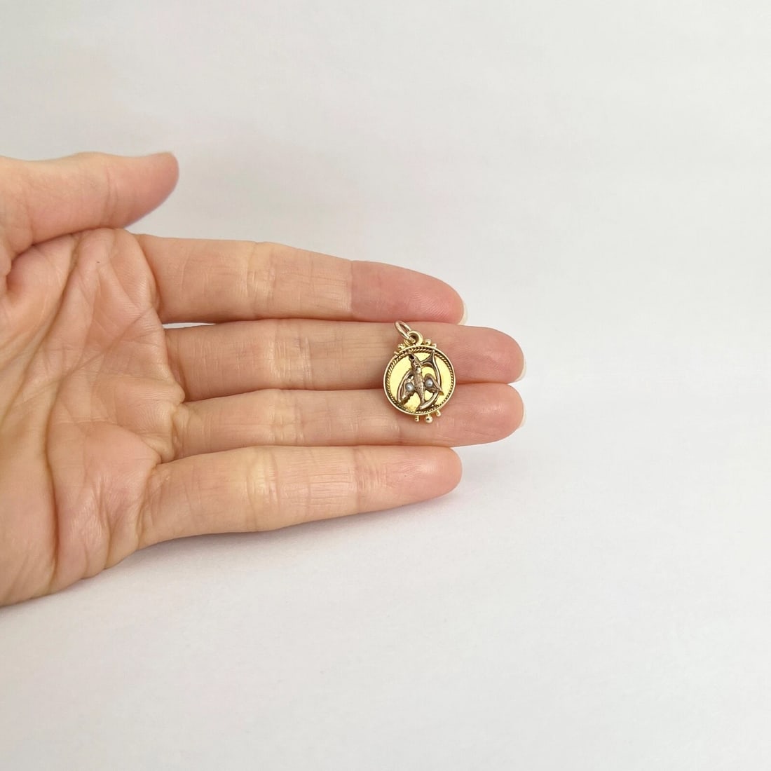 Antique Bird Wishbone Seed Pearl Necklace Pendant Charm 14K Yellow Gold, 1.99 Gr - 3