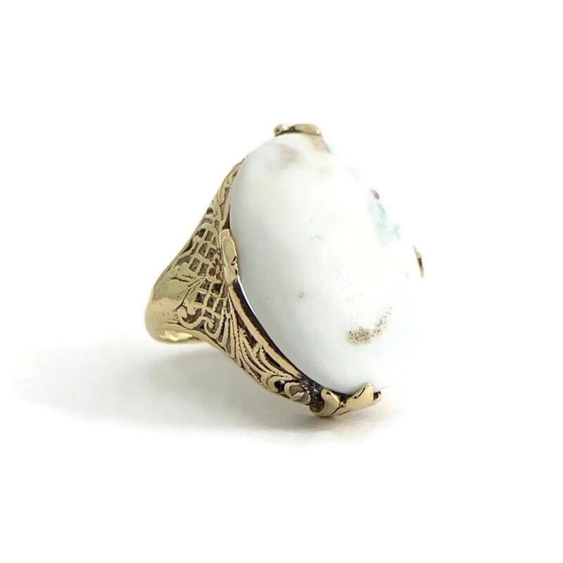 Antique Arts and Crafts 1910 Oval White Scolecite Ring 14K Yellow Gold, 4.74 Gr (1 of 12)
