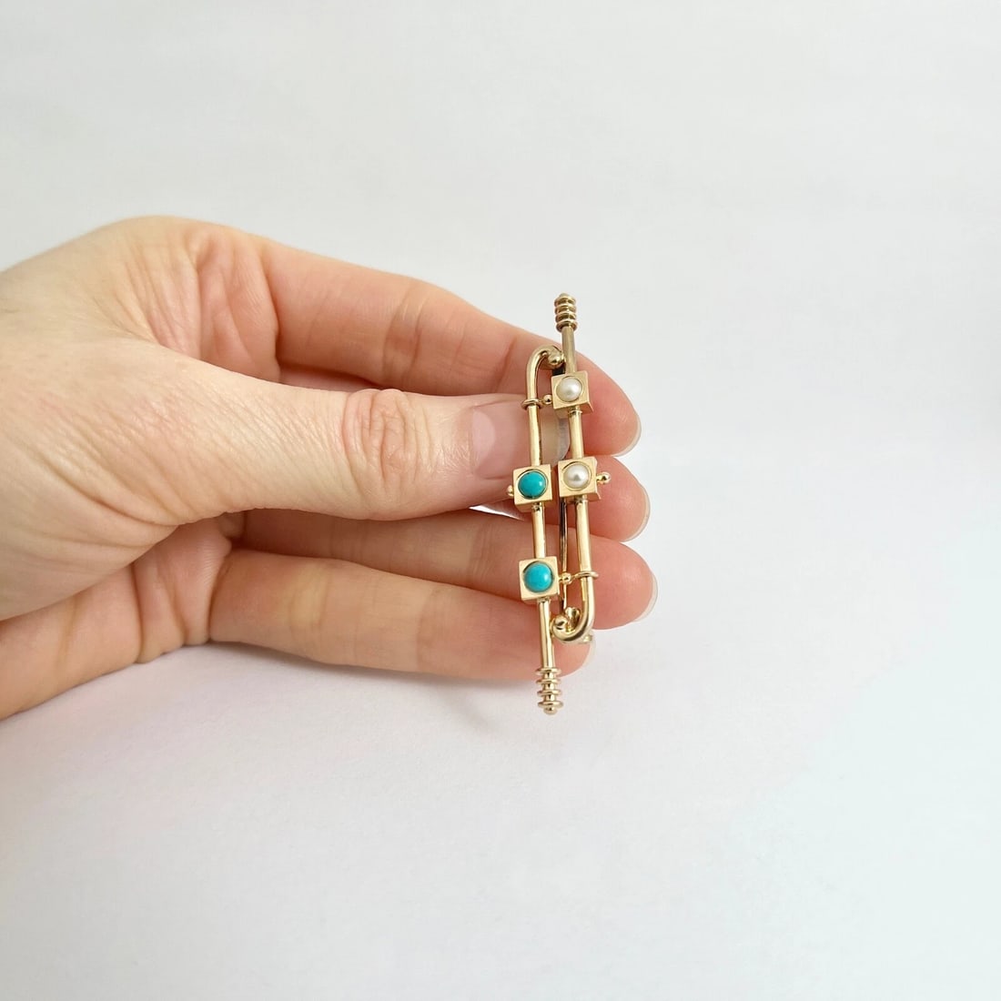 Antique Art Deco Long Cabochon Turquoise Pearl Brooch 14K Yellow Gold, 5.21 Gr - 2