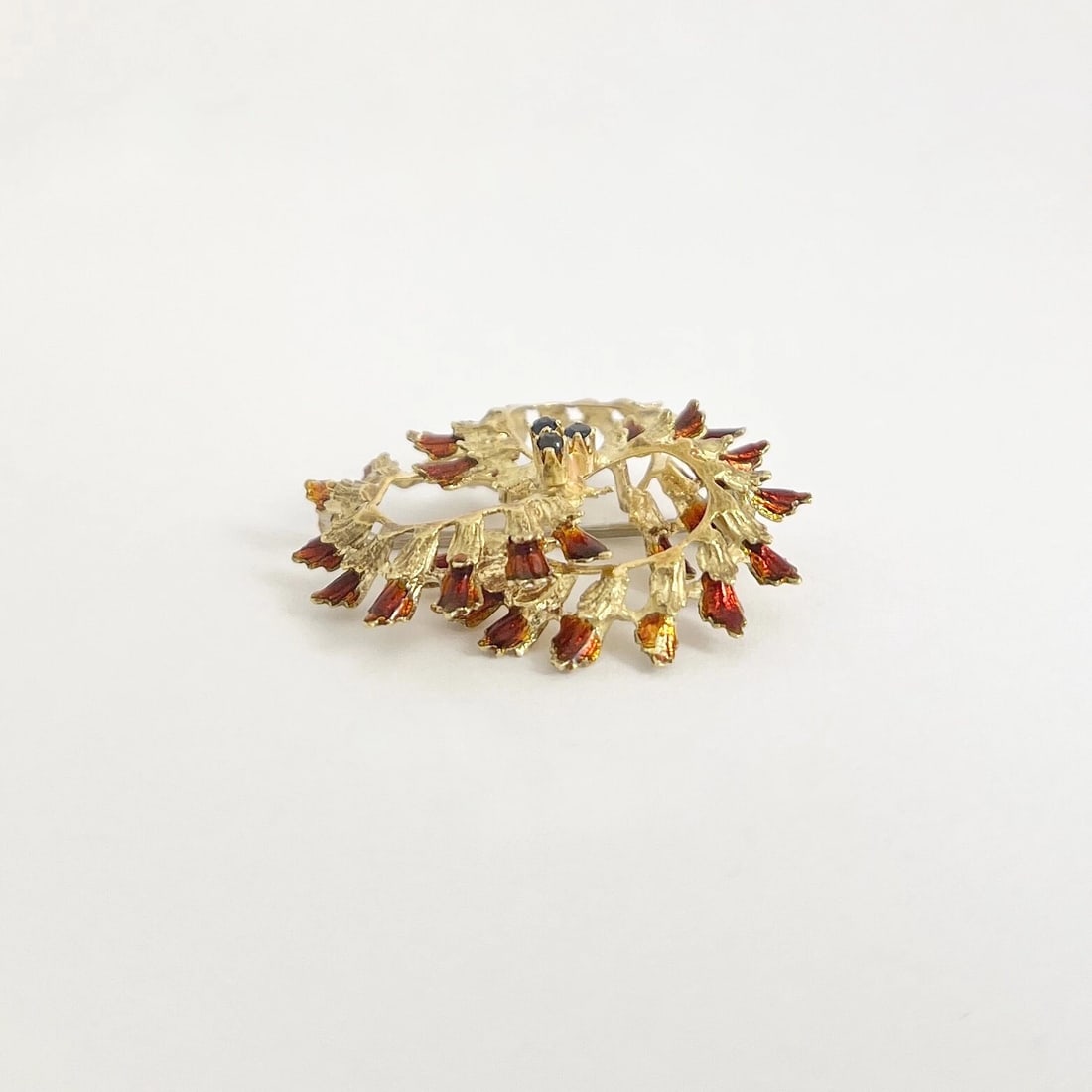 Vintage 1950's 1960's Sapphire Orange Enamel Brooch Pin 18K Yellow Gold 8.79 Gr - 6