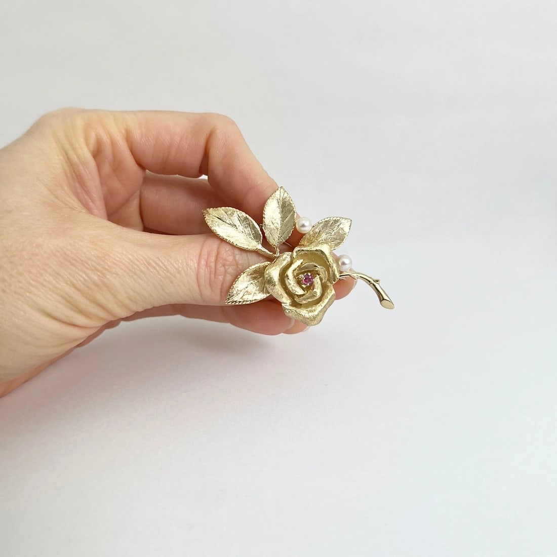 Vintage 1950's 1960's Pearl Ruby Flower Rose Brooch Pin 14K Yellow Gold 13.51 Gr - 5