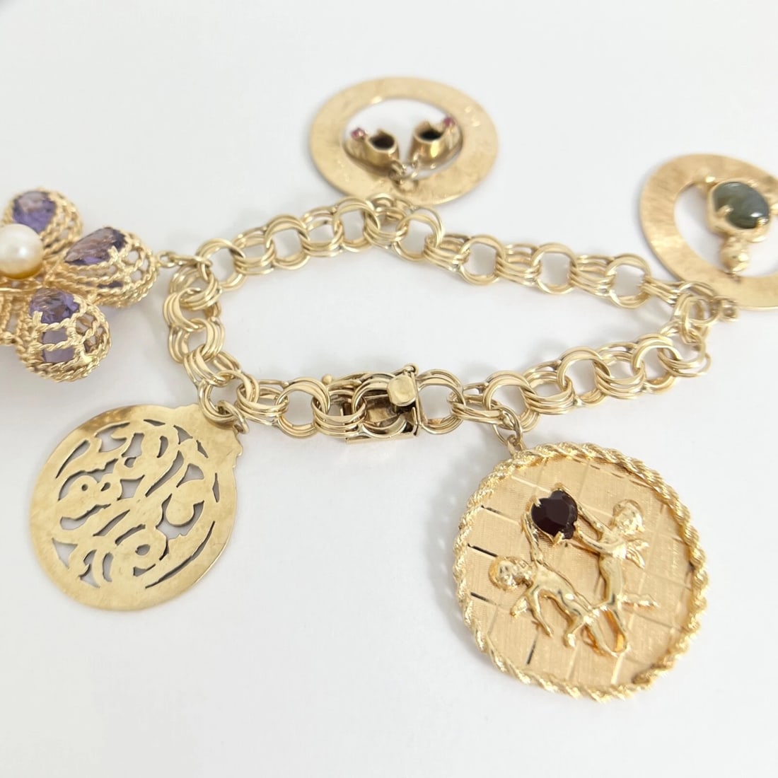 Vintage 1950's Flower Cupid Baby Shoes Charm Bracelet 14K Yellow Gold, 72.44 Gr - 7