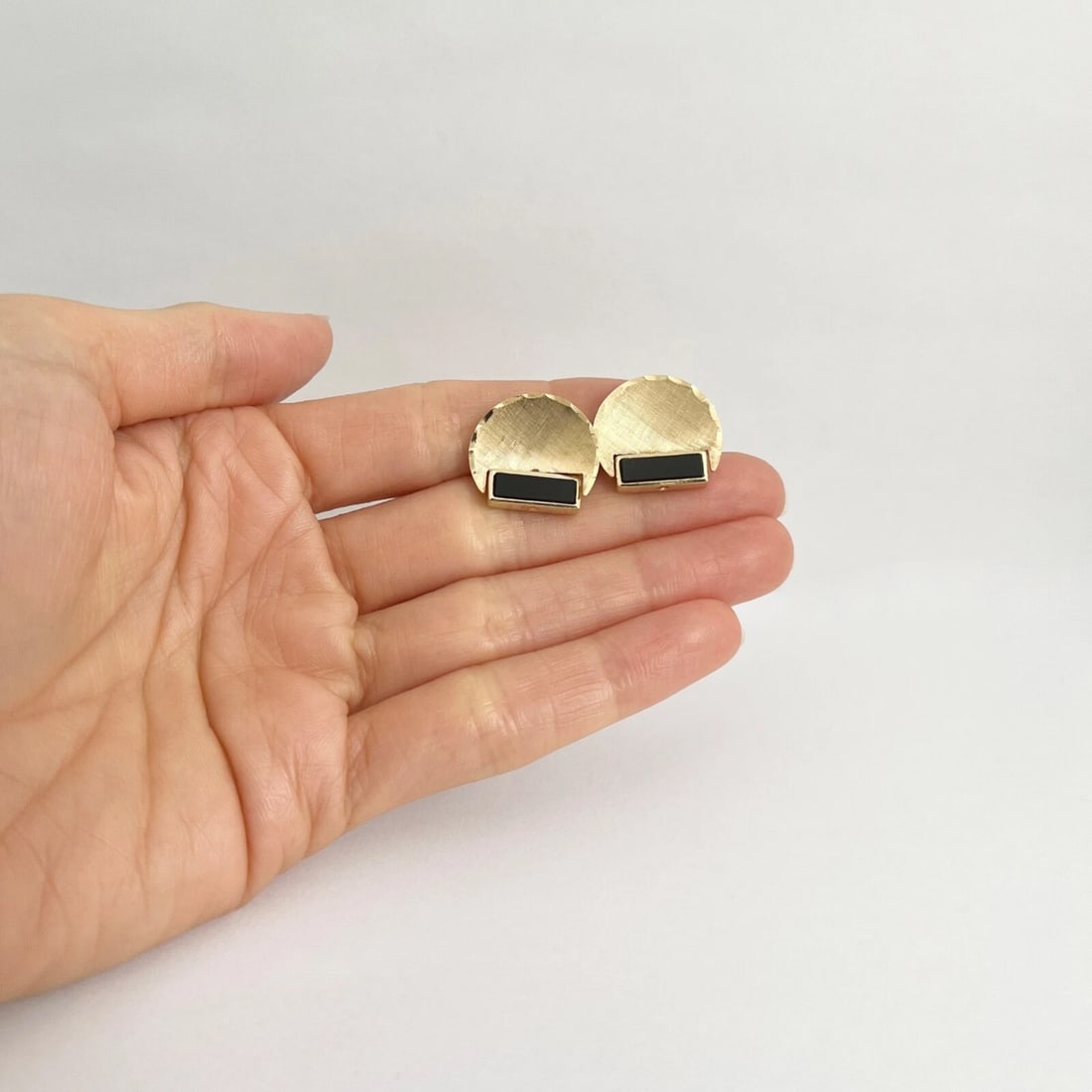Vintage 1960's Black Onyx Green Serpentine Cufflinks 14K Yellow Gold, 13.65 Gr - 9