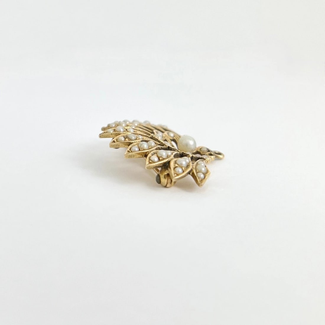 Vintage 1930's Seed Pearl Fan Brooch Pin Pendant 14K Yellow Gold, 7.19 Grams - 9