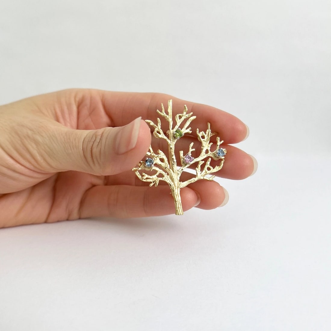 Vintage Multicolored Gemstone Birthstone Tree Brooch Pin 14K Yellow Gold 7.10 Gr - 2
