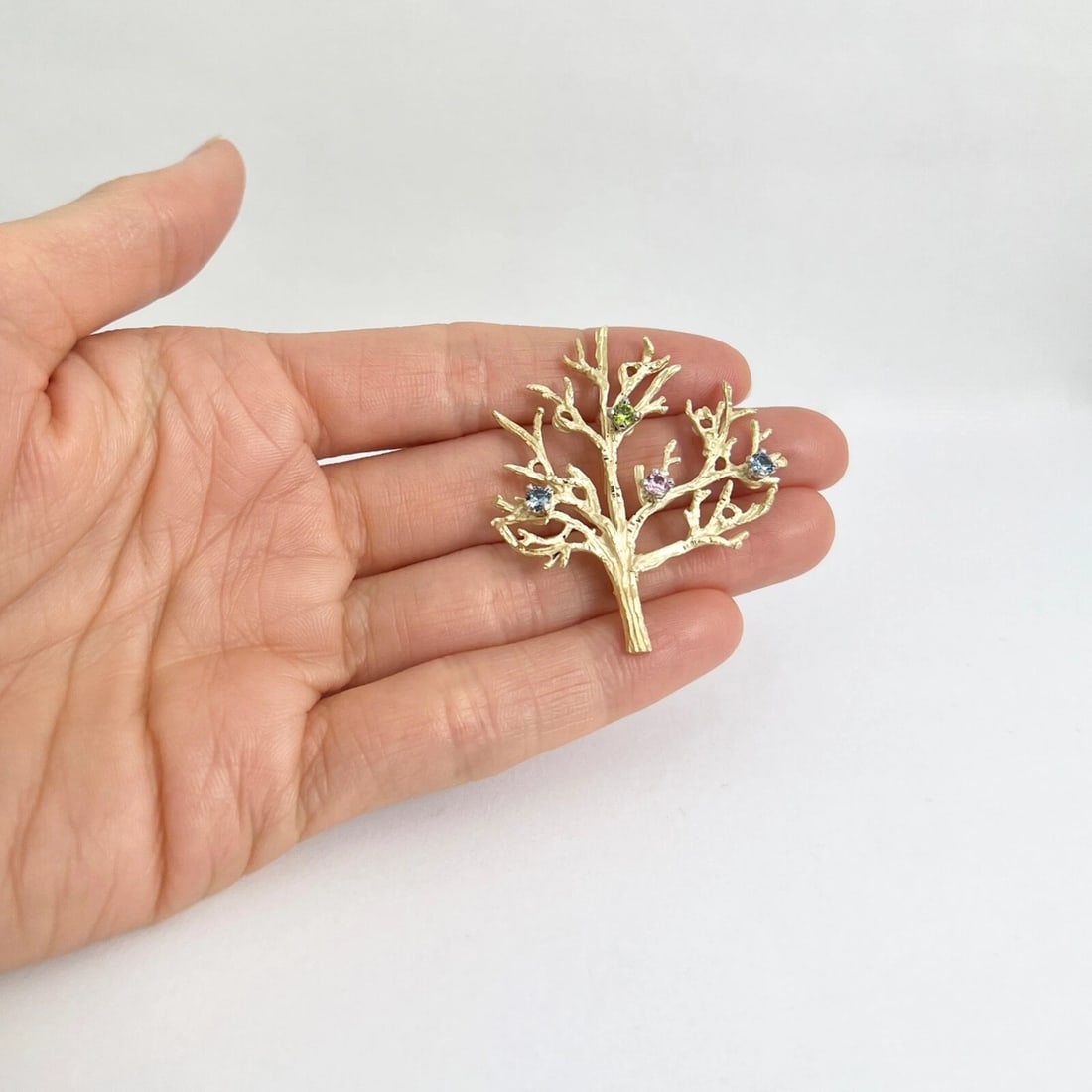 Vintage Multicolored Gemstone Birthstone Tree Brooch Pin 14K Yellow Gold 7.10 Gr - 3