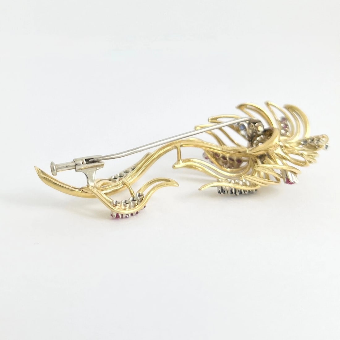 Vintage 1960's Sapphire Ruby Flower Brooch Pin 18K Yellow Gold, 12.49 Gr - 9