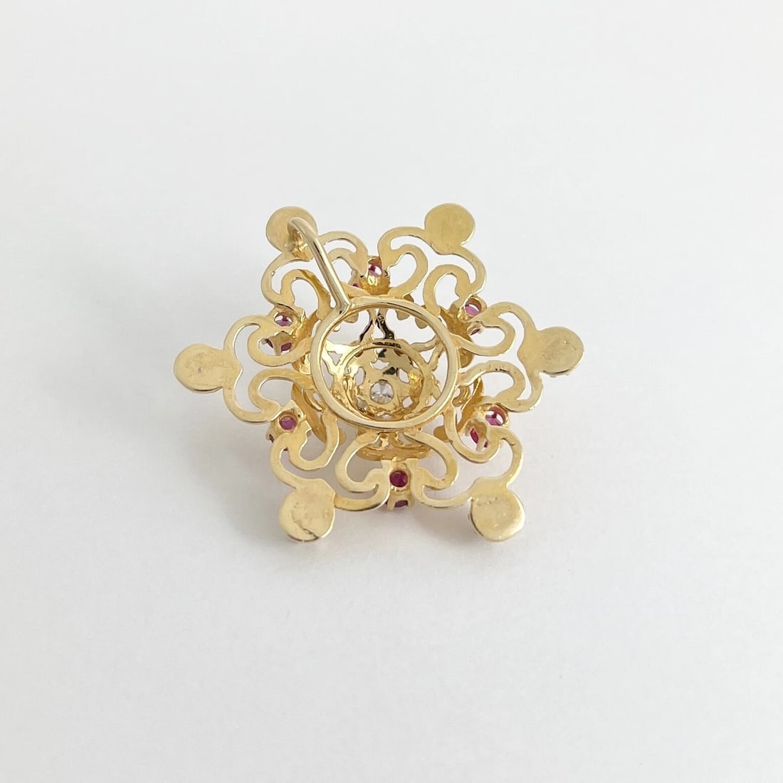 Vintage 1960's Ruby Diamond Filigree Necklace Pendant 14K Yellow Gold 6.97 Gr - 6