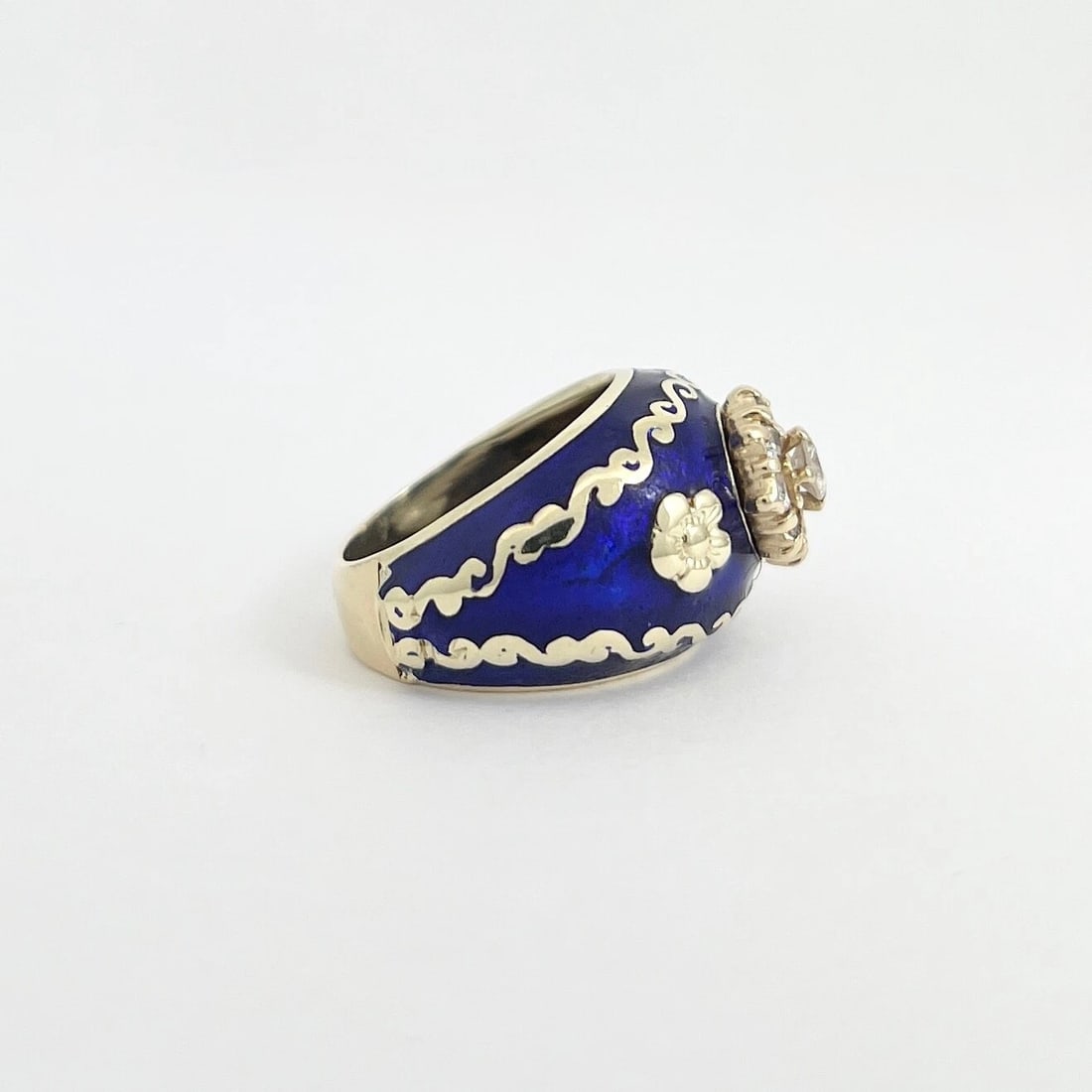 Vintage 1950's Blue Enamel Diamond Flower Cocktail Ring 14K Yellow Gold 11.15 Gr - 7