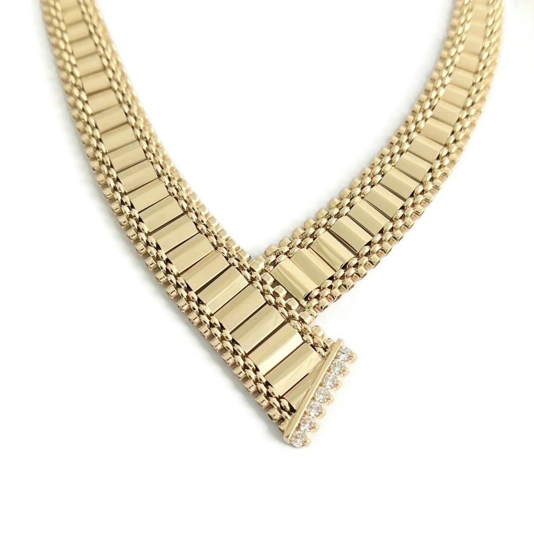 Vintage Diamond Bar Link Asymmetrical Chevron Necklace 14K Yellow Gold, 35.73 Gr: Title: Vintage Diamond Bar Link Asymmetrical Chevron Necklace 14K Yellow Gold, 35.73 Gr Description: Vintage Diamond Bar Link Asymmetrical Chevron Necklace 14K Yellow Gold, 35.73 Gr This is a