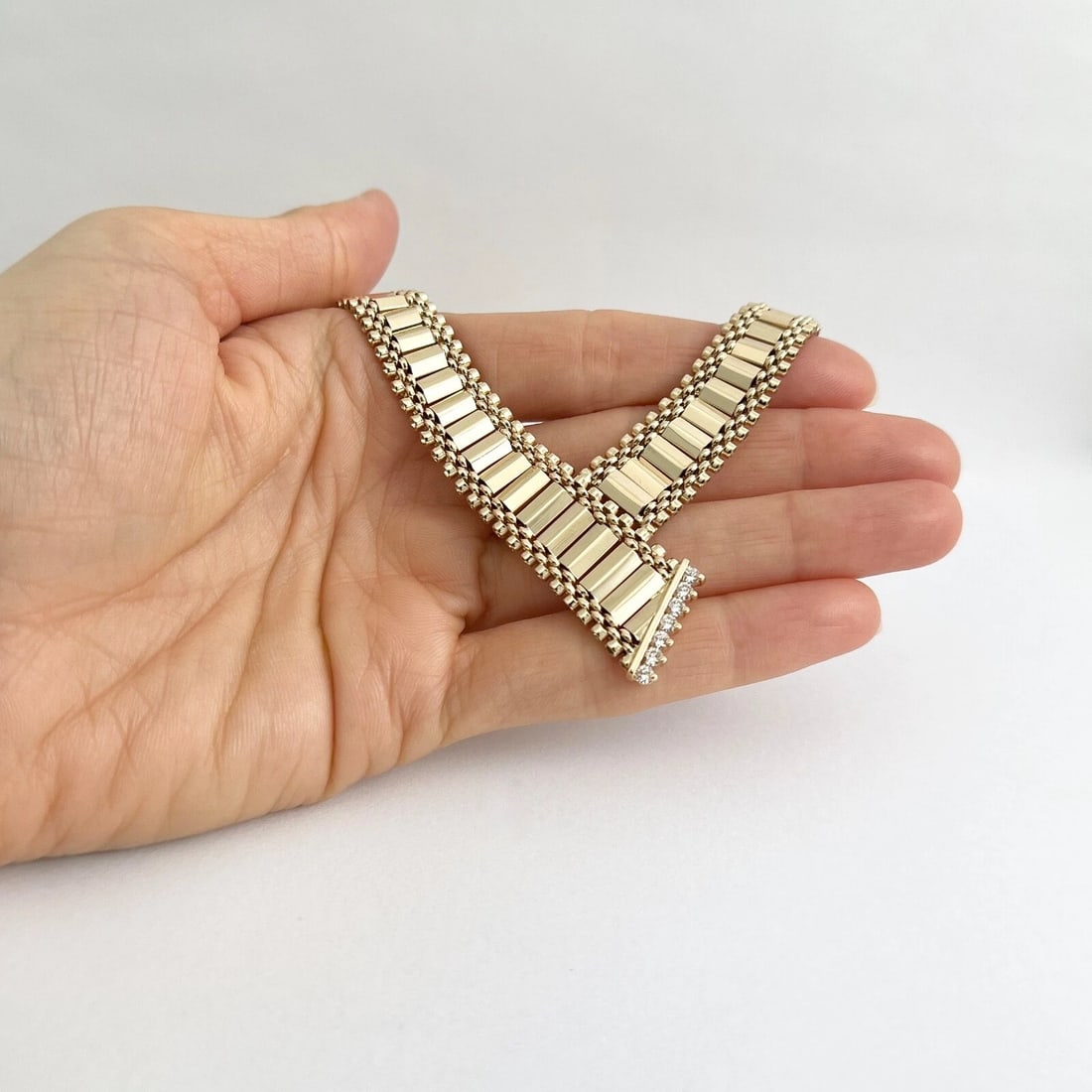 Vintage Diamond Bar Link Asymmetrical Chevron Necklace 14K Yellow Gold, 35.73 Gr - 2