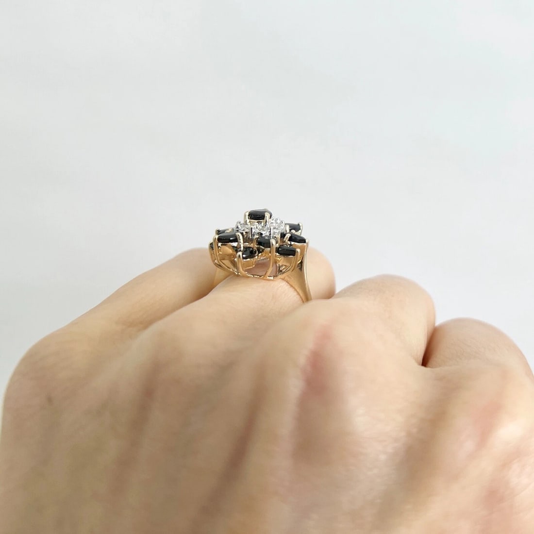 Vintage Pear Blue Sapphire Diamond Cocktail Ring 14K Yellow Gold, 4.38 Grams - 5
