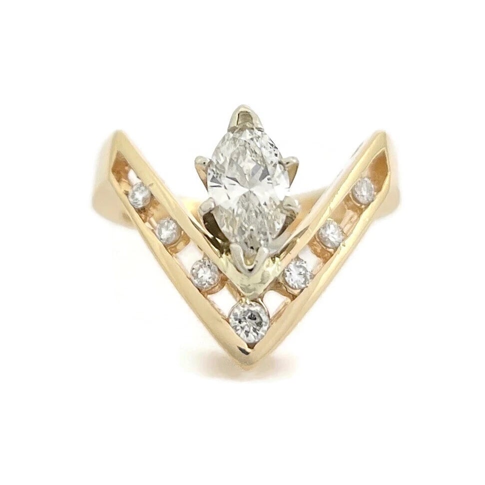 Vintage 1980's Marquise Diamond Chevron Statement Ring 14K Yellow Gold, 4.78 Gr: Title: Vintage 1980's Marquise Diamond Chevron Statement Ring 14K Yellow Gold, 4.78 Gr Description: Vintage 1980's Marquise Diamond Chevron Statement Ring 14K Yellow Gold, 4.78 Gr This ring is a