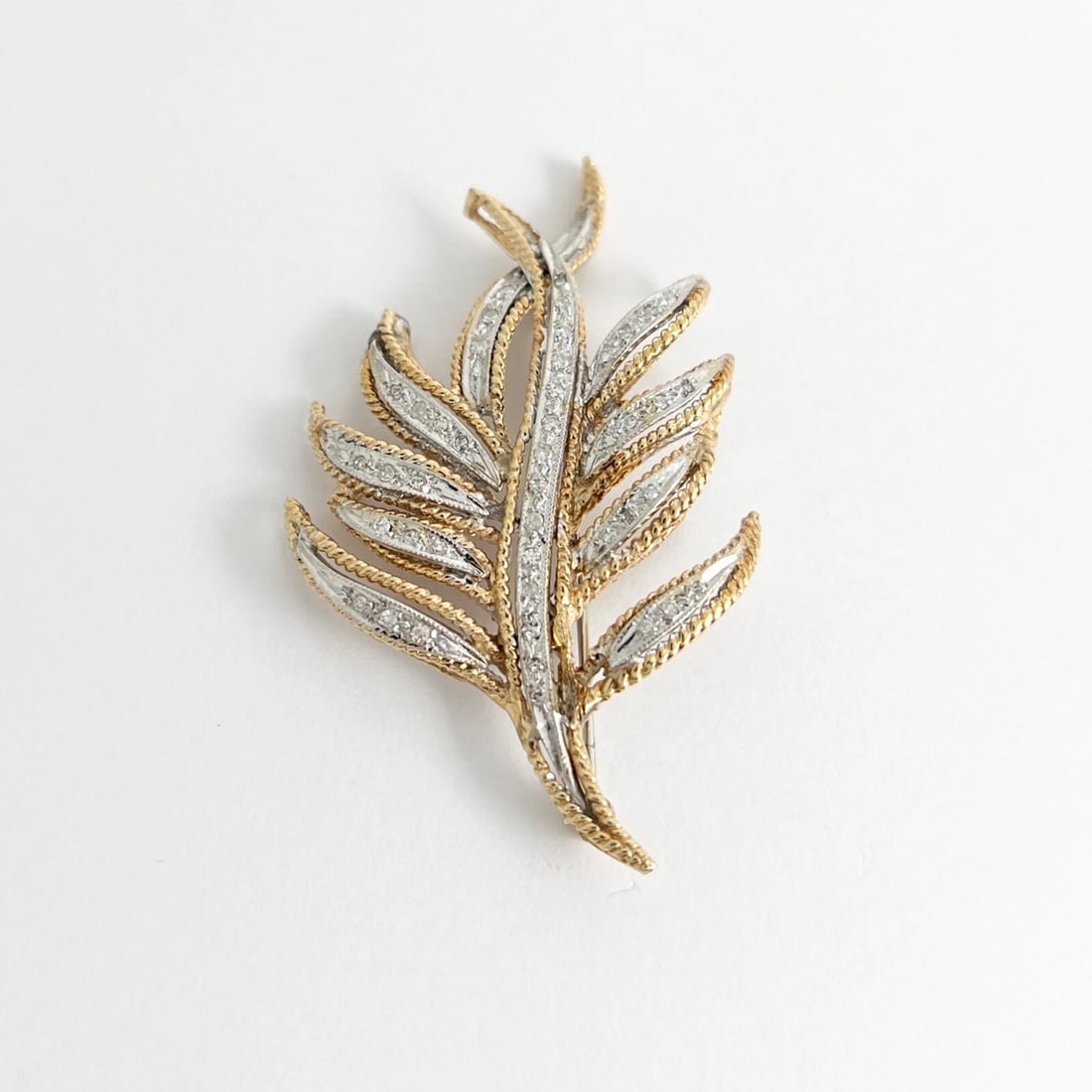 Vintage 1960's Diamond Two-Tone Leaf Branch Brooch Pin 14K Yellow Gold, 14.24 Gr - 6