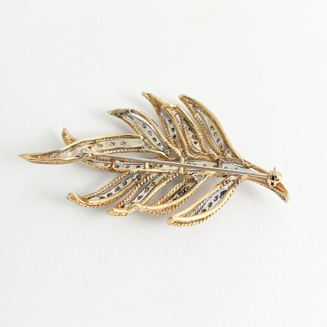 Vintage 1960's Diamond Two-Tone Leaf Branch Brooch Pin 14K Yellow Gold, 14.24 Gr - 8