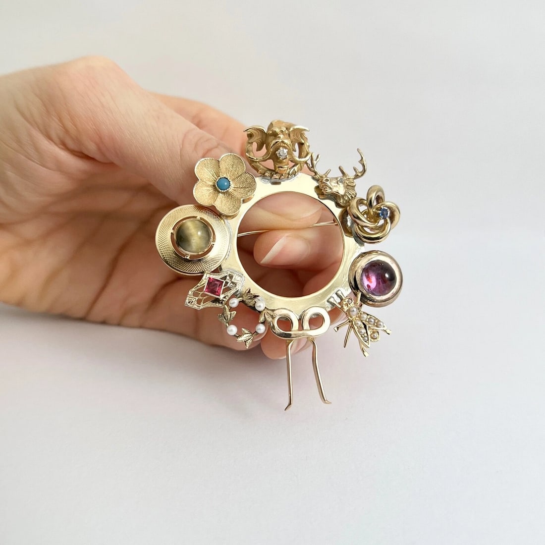 Vintage Hodgepodge Collection Gemstone Pearl Brooch 14K Yellow Gold, 13.66 Gr - 2