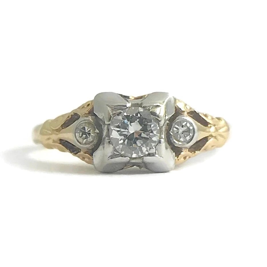 Vintage 1940's Two-Tone Diamond Engagement Ring 14K Yellow Gold 1.68 Grams: Title: Vintage 1940's Two-Tone Diamond Engagement Ring 14K Yellow Gold 1.68 Grams Description: Vintage 1940's Two-Tone Diamond Engagement Ring 14K Yellow Gold 1.68 Grams This is a unique and