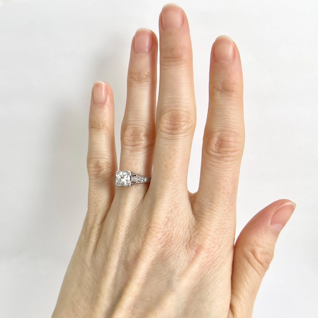 Vintage 1940's Etched Diamond Engagement Ring Platinum, .82 CTW, 3.40 Grams - 3