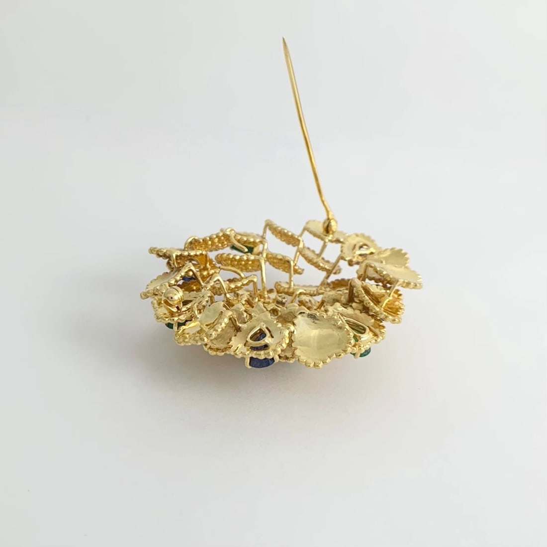 Vintage 1950's Sapphire Emerald Diamond Flower Brooch 18K Yellow Gold, 48.50 Gr - 8