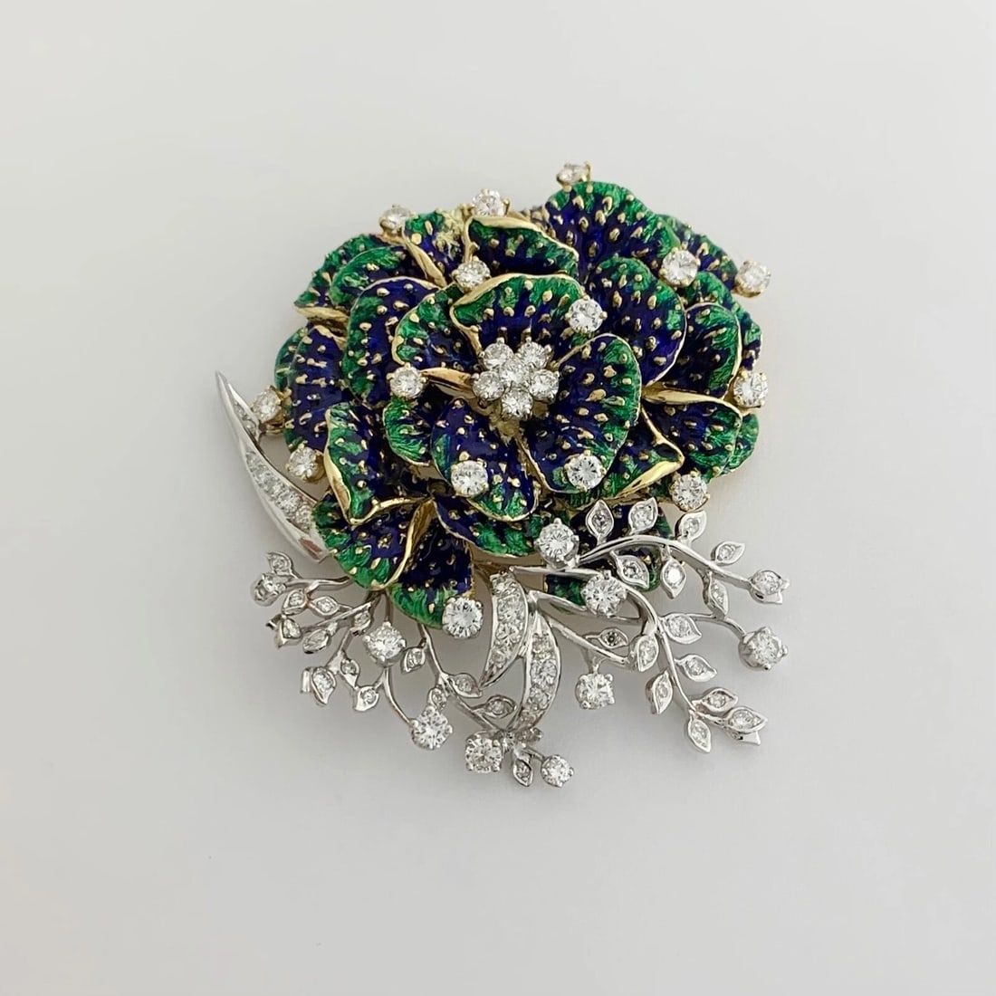 Vintage 1950's Blue Green Enamel Diamond Flower Brooch 18K Yellow Gold, 43.74 Gr - 6