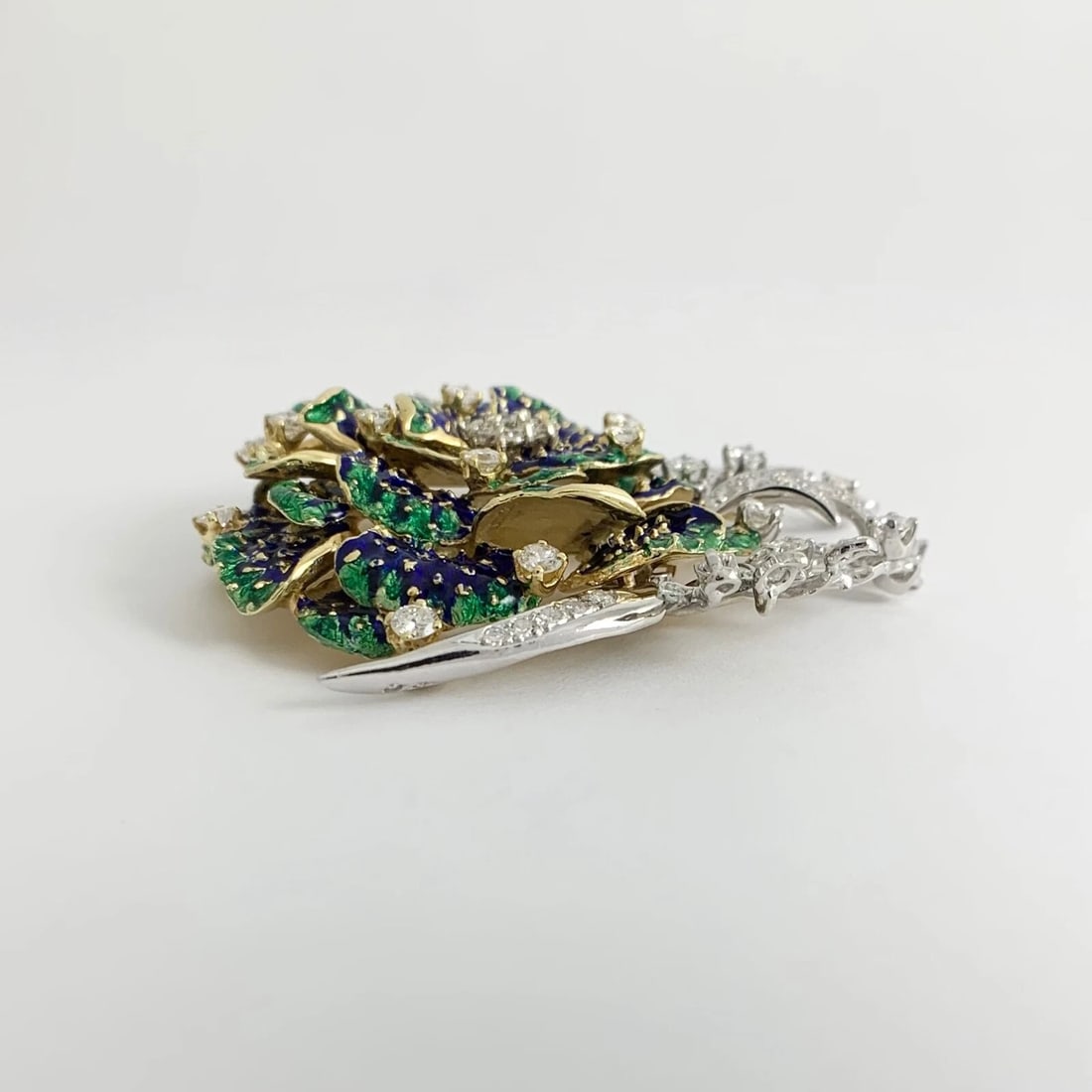 Vintage 1950's Blue Green Enamel Diamond Flower Brooch 18K Yellow Gold, 43.74 Gr - 7