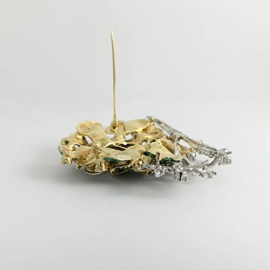Vintage 1950's Blue Green Enamel Diamond Flower Brooch 18K Yellow Gold, 43.74 Gr - 9