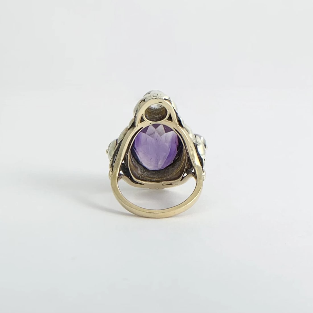 Antique Victorian Oval Amethyst Diamond Cocktail Ring 14K Yellow Gold, 8.73 Gr - 9