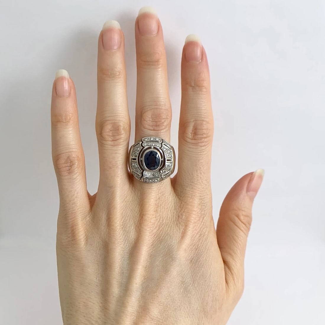 Vintage 1960s Oval Sapphire Diamond Large Statement Ring 14K White Gold 12.20 Gr - 2