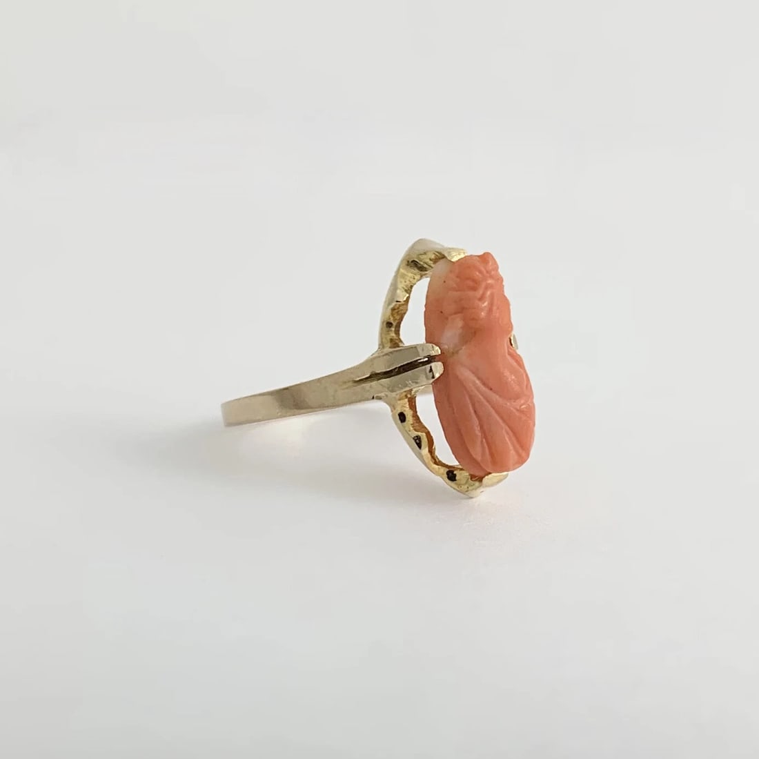 Antique Victorian Cameo Carved Woman Coral Ring 10K Yellow Gold, 1.91 Grams - 7