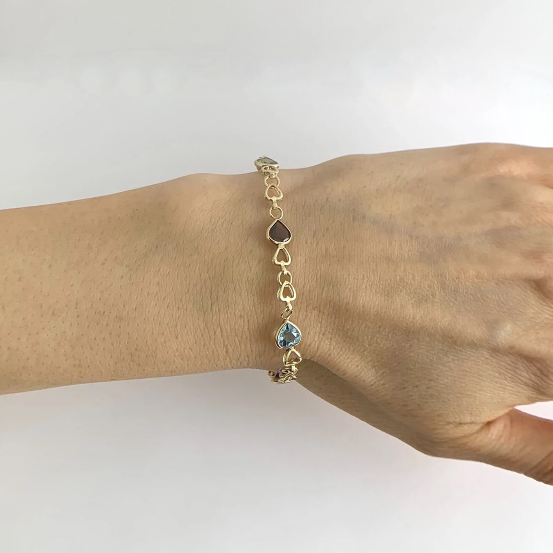 Vintage Multicolored Gemstone Heart Bracelet 14K Yellow Gold, 4.69 Grams - 2