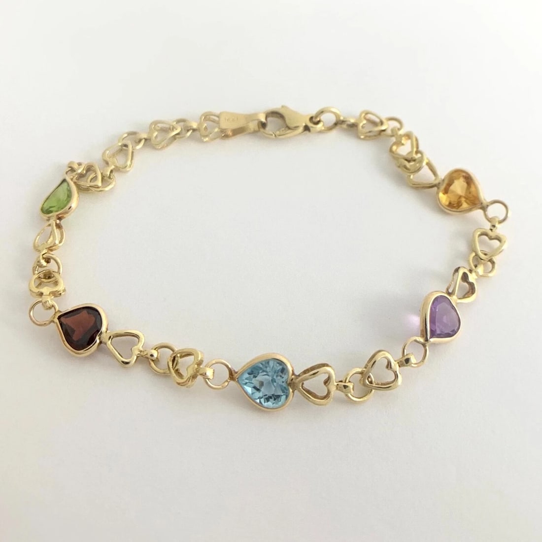 Vintage Multicolored Gemstone Heart Bracelet 14K Yellow Gold, 4.69 Grams - 4