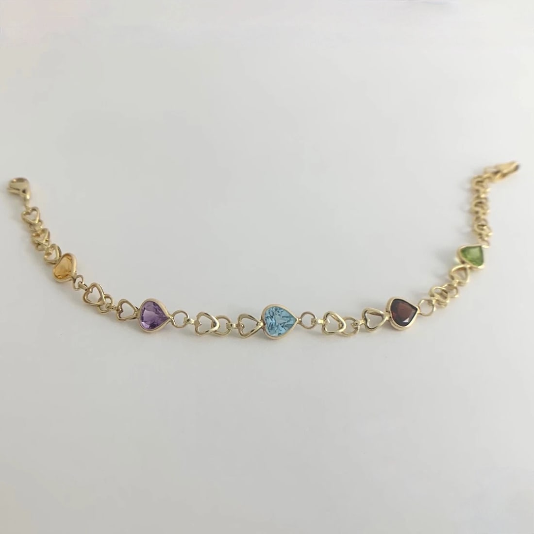 Vintage Multicolored Gemstone Heart Bracelet 14K Yellow Gold, 4.69 Grams - 5