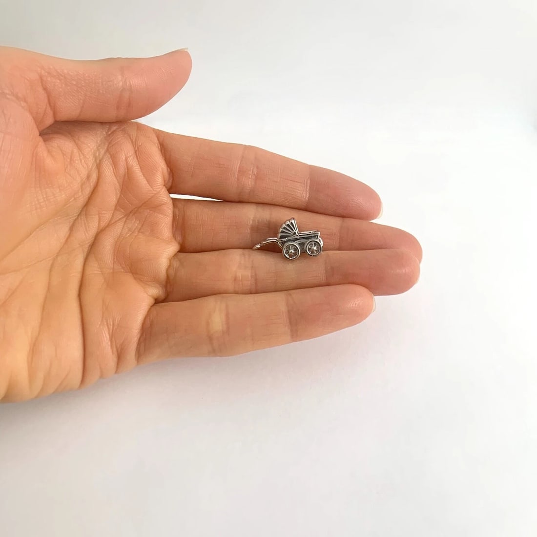 Vintage Baby Carriage Buggy Pram Bracelet Charm Pendant 14K White Gold, 3.61 Gr - 3