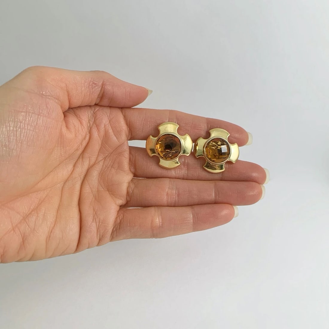 Vintage 1960s Citrine Geometric Drop Stud Earrings 18K Yellow Gold, 13.98 Grams - 3