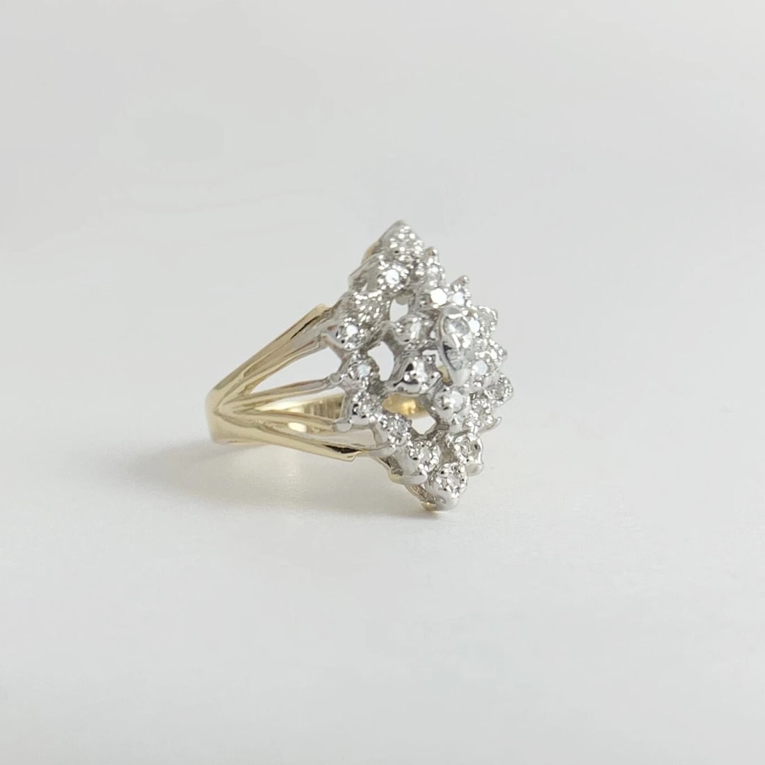 Vintage Diamond Cluster Two-Tone Statement Ring 14K Yellow White Gold, 4.18 Gram - 7