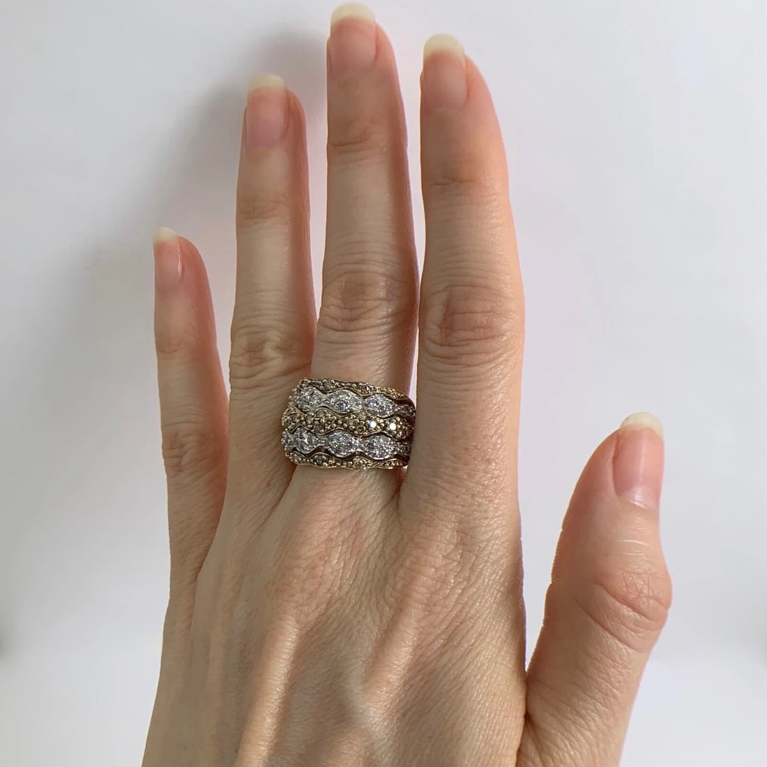 Vintage Brown Cognac White Diamond Wide Band Ring 14K Yellow Gold, 7.19 Grams - 3