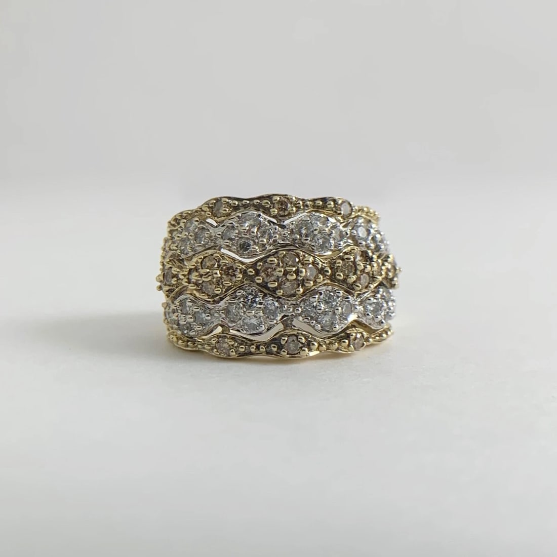 Vintage Brown Cognac White Diamond Wide Band Ring 14K Yellow Gold, 7.19 Grams - 6