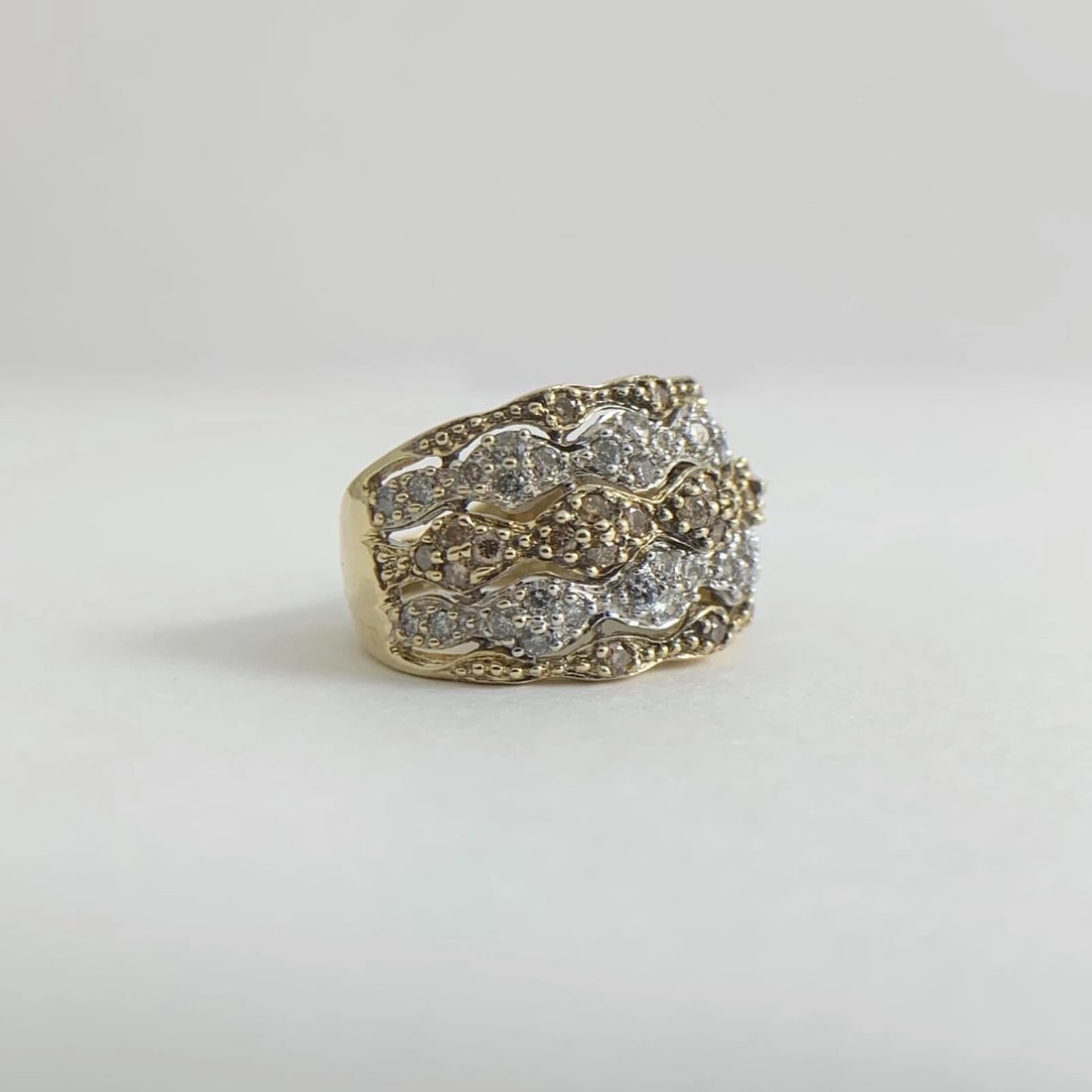 Vintage Brown Cognac White Diamond Wide Band Ring 14K Yellow Gold, 7.19 Grams - 7