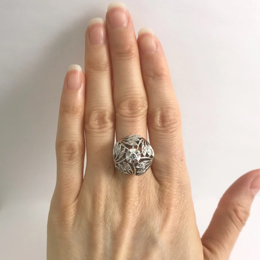 Vintage 1940's Diamond Filigree Dome Cocktail Ring 12K White Gold, 6.69 Grams - 2