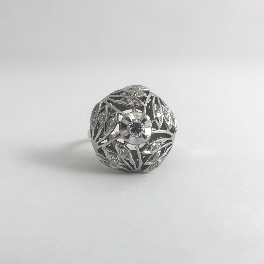 Vintage 1940's Diamond Filigree Dome Cocktail Ring 12K White Gold, 6.69 Grams - 7