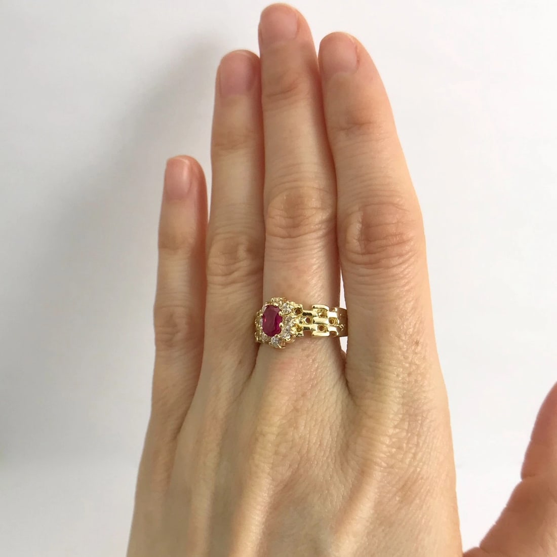 Vintage Simulated Ruby CZ Halo Gemstone Ring 10K Yellow Gold, .76 CTW, 3.41 Gram - 3