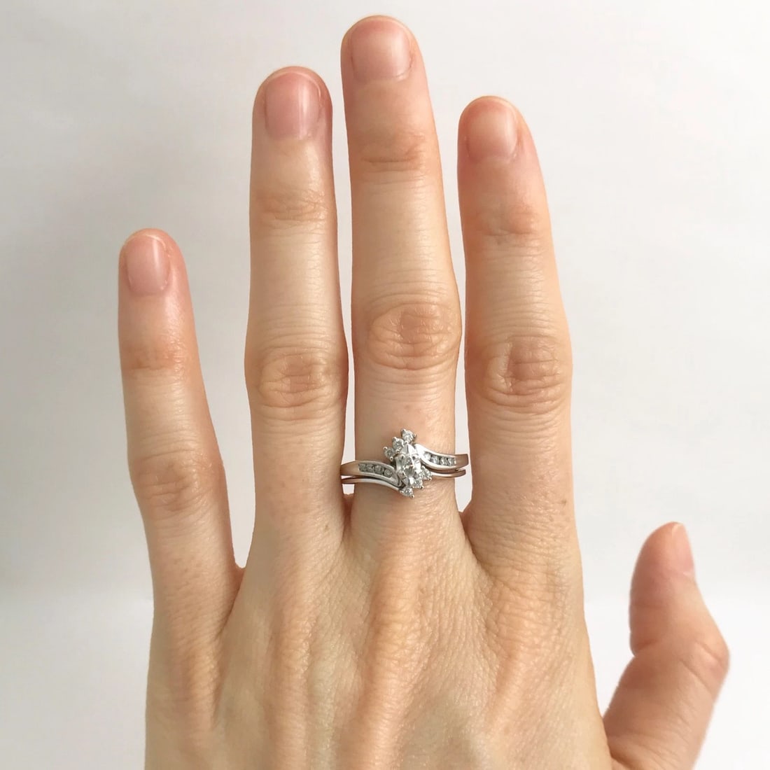 Vintage Marquise Diamond Engagement Ring Set 10K White Gold, .22 CTW, 3.59 Grams - 2