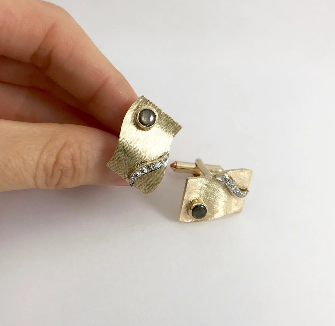 Vintage 1960's Tiger's Eye Diamond Wavy Cufflinks 14K Yellow Gold, 15.30 Grams - 3